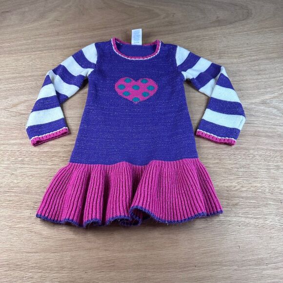 Wonder Kids Girls Sweater Dress Striped Long Sleeve Heart Pink Purple Size 4T - Picture 1 of 4